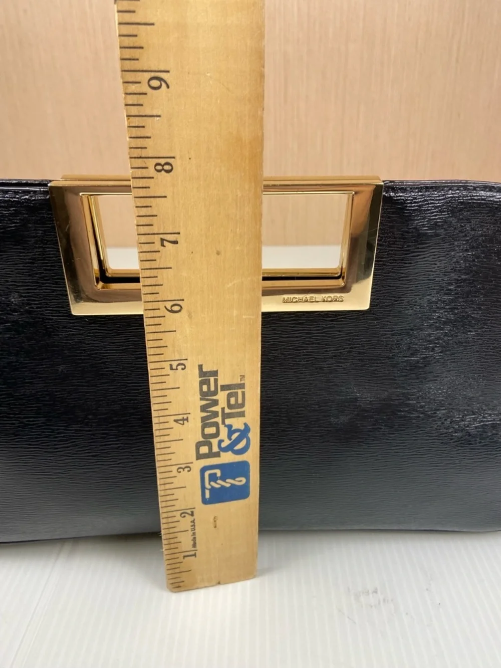 Michael Kors Black Leather Frame Clutch Gold Bar Handle Evening Bag Chain Strap